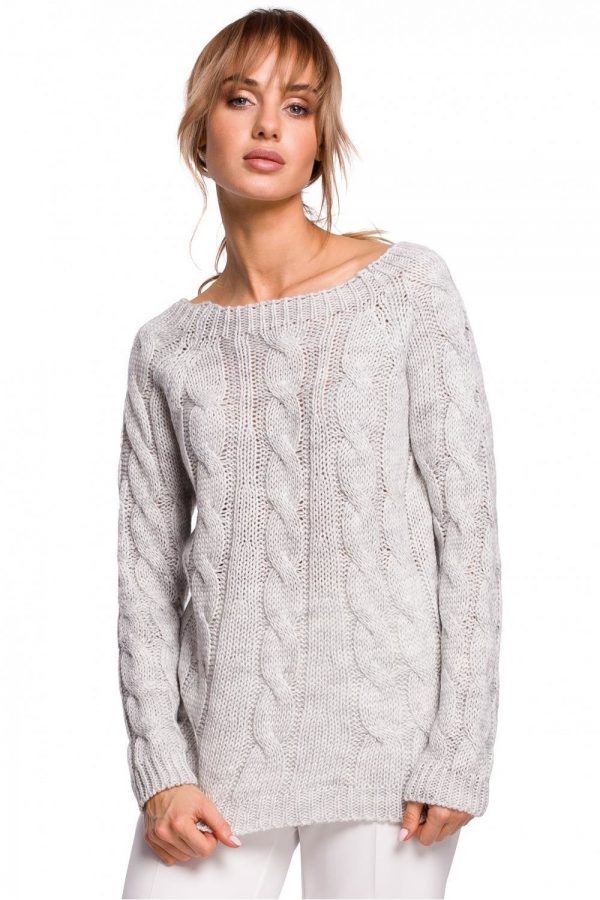 Sweter damski ażurowy ze splotem typu warkocz szary L/XL