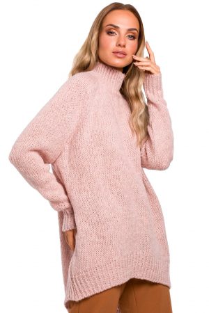 Sweter damski oversize asymetryczny sweter z wełną pudrowy róż L/XL