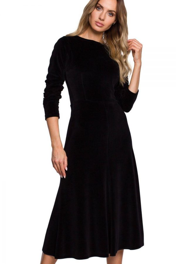 Sukienka elegancka welurowa midi rozkloszowana z rękawem 3/4 czarna XXL
