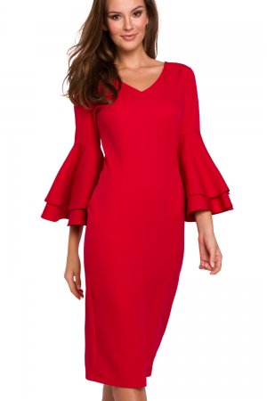 Sukienka na wesele elegancka midi z bufiastymi rękawami czerwona XL