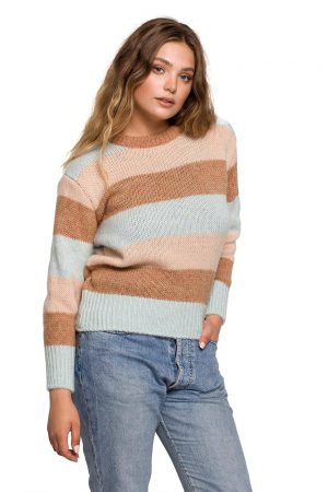 Mięciutki wełniany sweter w kolorowe paski miętowy L/XL