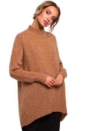 Sweter damski oversize asymetryczny sweter z wełną brązowy S/M