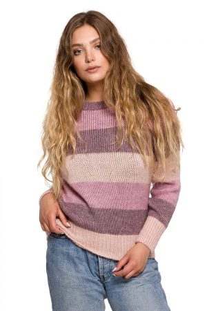 Mięciutki wełniany sweter w kolorowe paski różowy L/XL