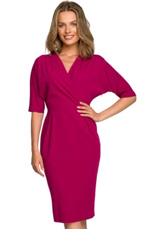 Elegancka sukienka ołówkowa z kopertowym dekoltem V fioletowa XXL