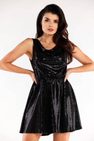 Sukienka rozkloszowana mini z lejącym dekoltem błyszcząca czarna S
