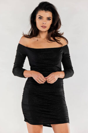 Błyszcząca sukienka dopasowana z marszczeniami czarna mini na imprezę XL