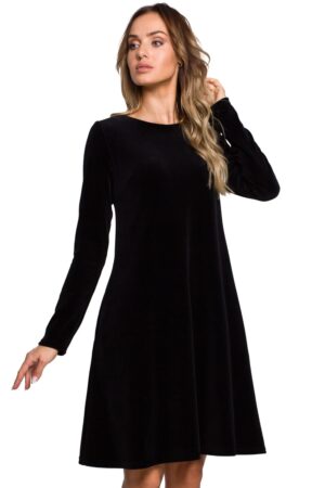 Welurowa sukienka trapezowa midi z długim rękawem elegancka czarna M