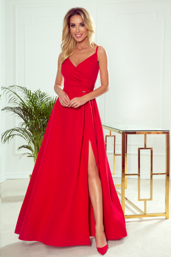 Długa sukienka na wesele rozkloszowana na ramiączkach czerwona L