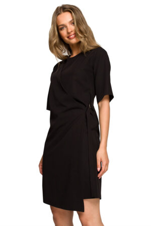 Sukienka elegancka z podwójnym przodem z klamrą klasyczna czarna S
