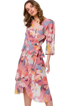 Zwiewna sukienka szyfonowa kopertowa z wiązaniem pastelowa XL