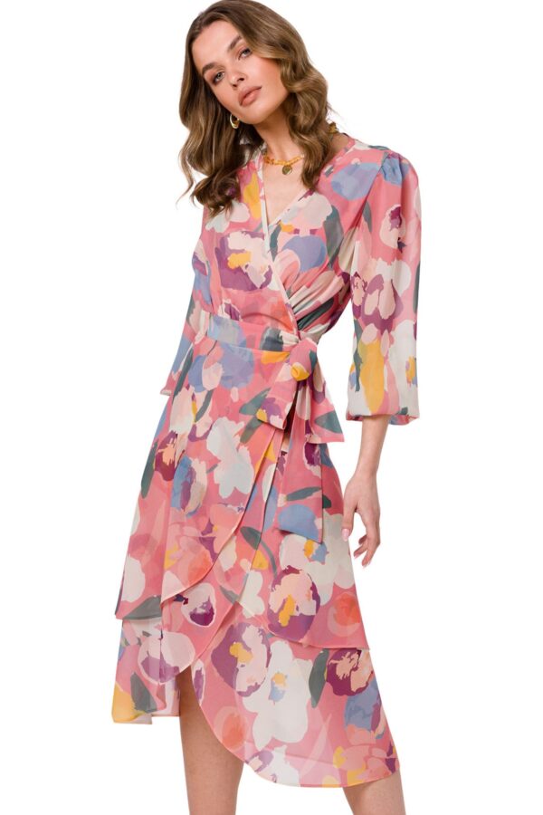 Zwiewna sukienka szyfonowa kopertowa z wiązaniem pastelowa M