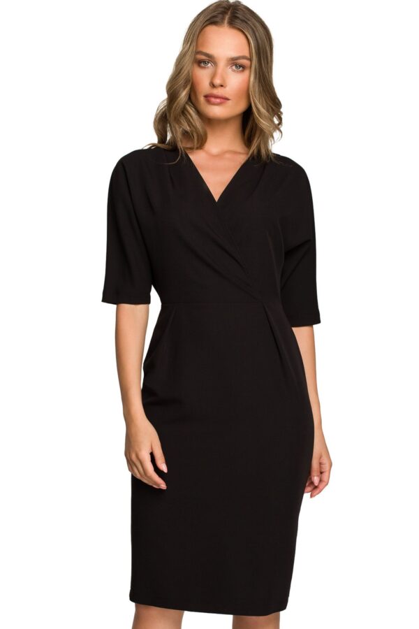 Elegancka sukienka ołówkowa z kopertowym dekoltem V czarna klasyczna L
