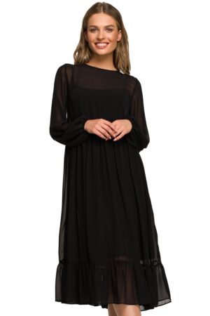 Sukienka wieczorowa szyfonowa rozkloszowana z falbanami czarna długa XL