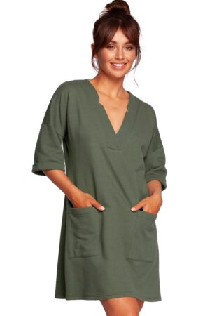 Tunika sukienka trapezowa z głębokim dekoltem V bawełniana zielona L/XL