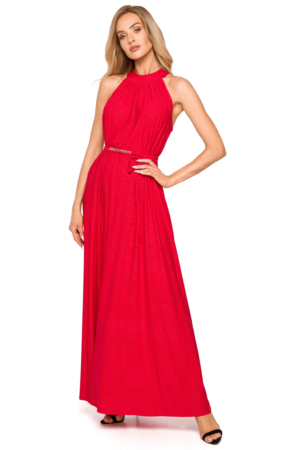 Długa suknia wieczorowa błyszcząca z dekoltem halter czerwona uniwersalny
