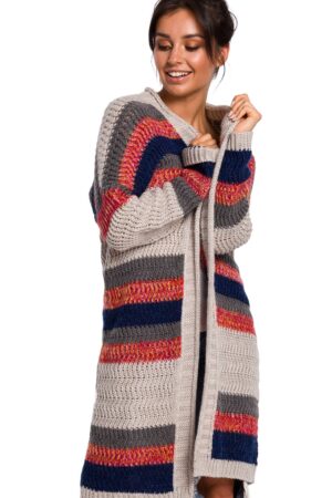 Długi sweter w kolorowe pasy kardigan narzutka z modnym splotem L/XL
