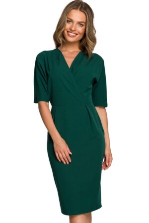 Elegancka sukienka ołówkowa z kopertowym dekoltem V zielona klasyczna S