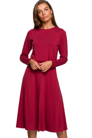 Sukienka rozkloszowana klasyczna z gumą w pasie bordowa wiskoza L