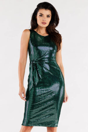 Sukienka dopasowana błyszcząca z wiązaniem w pasie zielona M