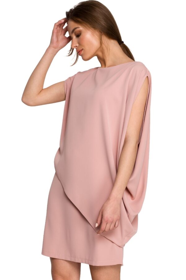 Elegancka sukienka mini z asymetryczną falbaną drapowana różowa L