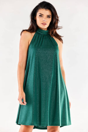 Sukienka błyszcząca brokatowa rozkloszowana z dekoltem halter zielona S/M