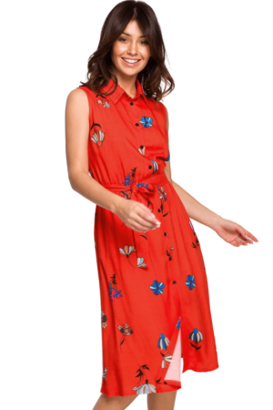 Sukienka koszulowa w kwiaty z kołnierzykiem i paskiem czerwona wiskoza XXL