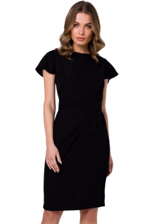 Elegancka ołówkowa sukienka z paskiem krótki rękaw czarna L