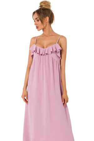 Długa letnia sukienka na cienkich ramiączkach różowa trapezowa XL