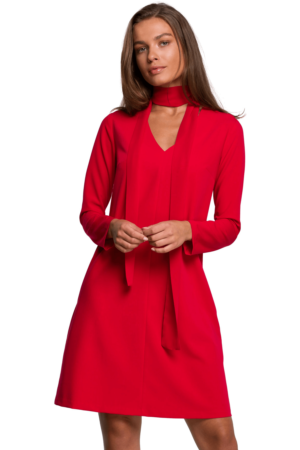 Sukienka trapezowa elegancka z dekoltem V i szyfonowym szalem czerwona XL