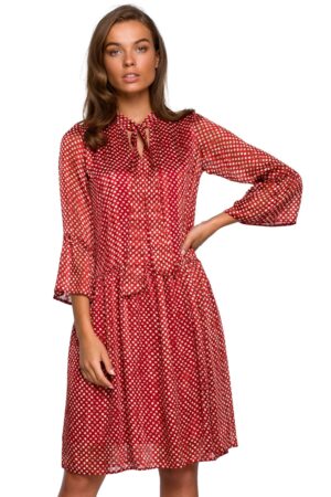 Sukienka rozkloszowana szyfonowa z dekoltem V czerwona w groszki L
