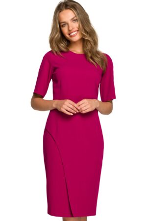 Elegancka sukienka ołówkowa z dołem na zakładkę klasyczna fioletowa S