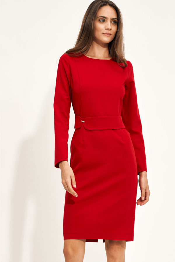 Sukienka elegancka ołówkowa dopasowana czerwona długi rękaw 42