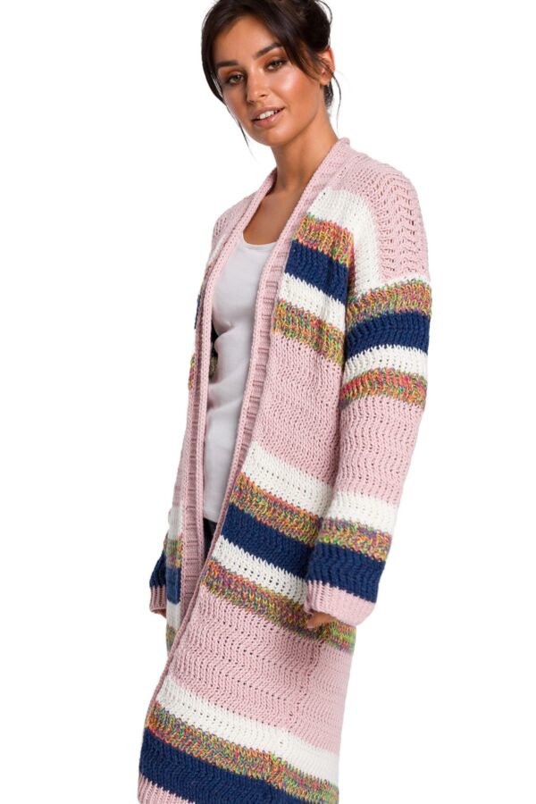 Długi sweter w kolorowe pasy kardigan narzutka z modnym splotem S/M