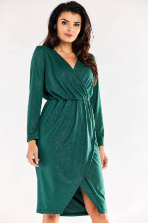 Błyszcząca sukienka kopertowa z dekoltem V asymetryczna zielona L