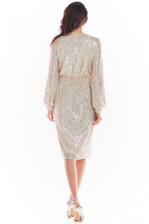 Sukienka cekinowa z dekoltem V i gumą w pasie asymetryczna szampańska S