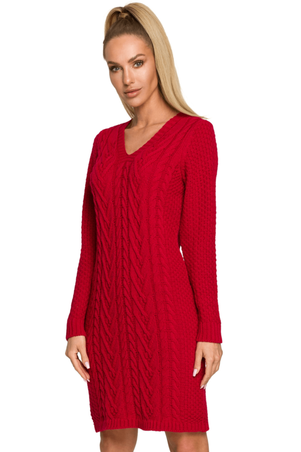 Sweter sukienka dzianinowa z dekoltem V splot w warkocz czerwona L/XL