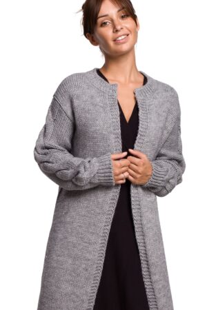 Długi sweter z wełną splot w warkocz szary miękka przędza L/XL