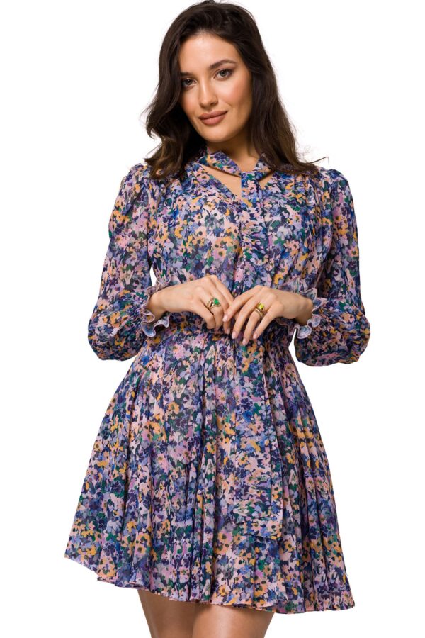Sukienka szyfonowa rozkloszowana w kwiaty niebieska XXL