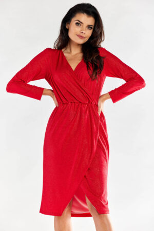 Błyszcząca sukienka kopertowa z dekoltem V asymetryczna czerwona L