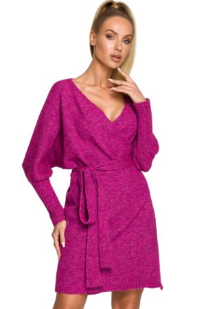 Sukienka sweterkowa kopertowa z dekoltem V i wiązaniem różowa z wełną L/XL