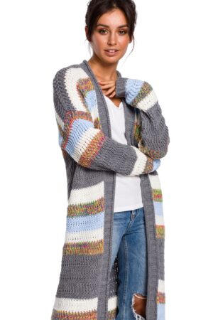Długi sweter w kolorowe pasy kardigan narzutka z modnym splotem L/XL