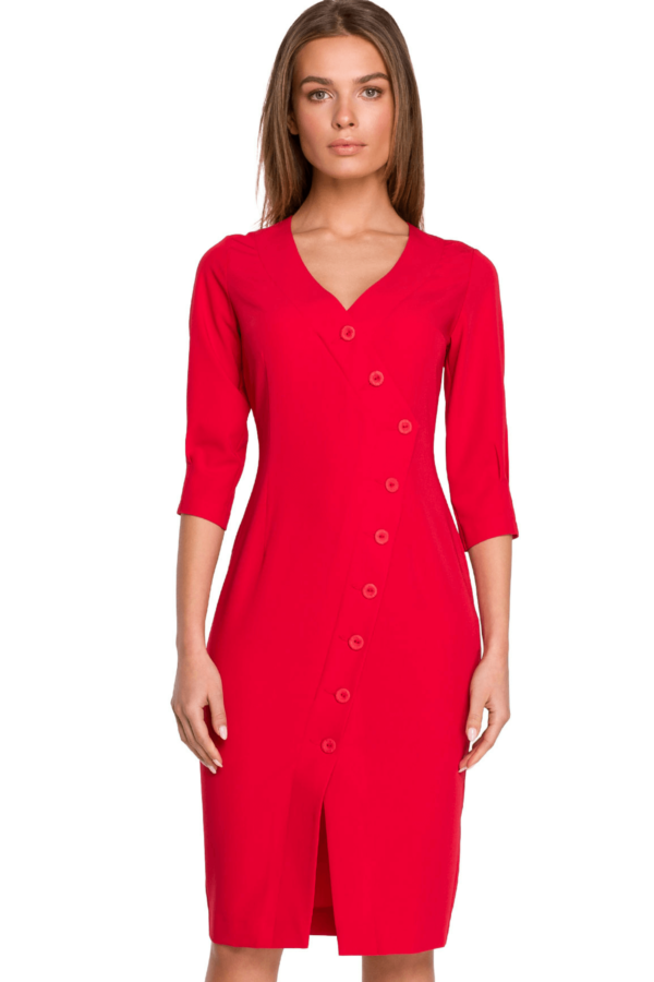 Sukienka ołówkowa kopertowa z dekoltem V i ozdobnymi guzikami czerwona XL