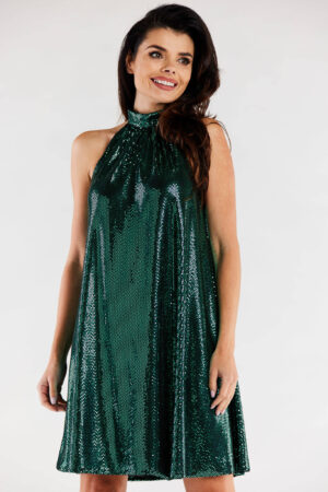 Sukienka trapezowa z dekoltem halter neck błyszcząca zielona S/M