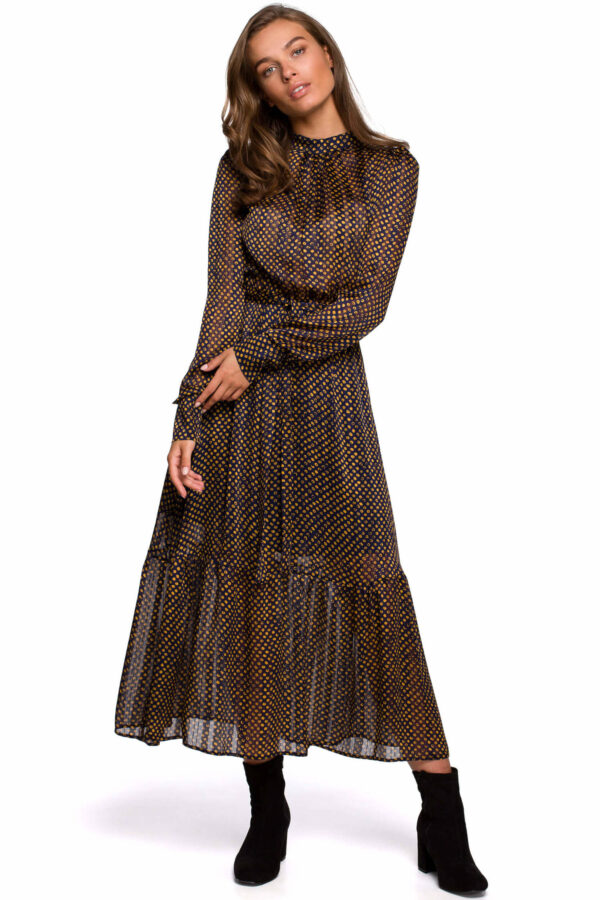 Długa sukienka rozkloszowana szyfonowa z falbaną granatowa w groszki S