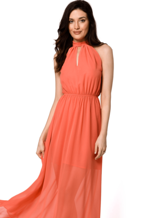 Długa sukienka szyfonowa wieczorowa z dekoltem halter pomarańczowa XXL
