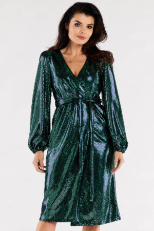 Sukienka kopertowa z bufiastymi rękawami błyszcząca zielona XL