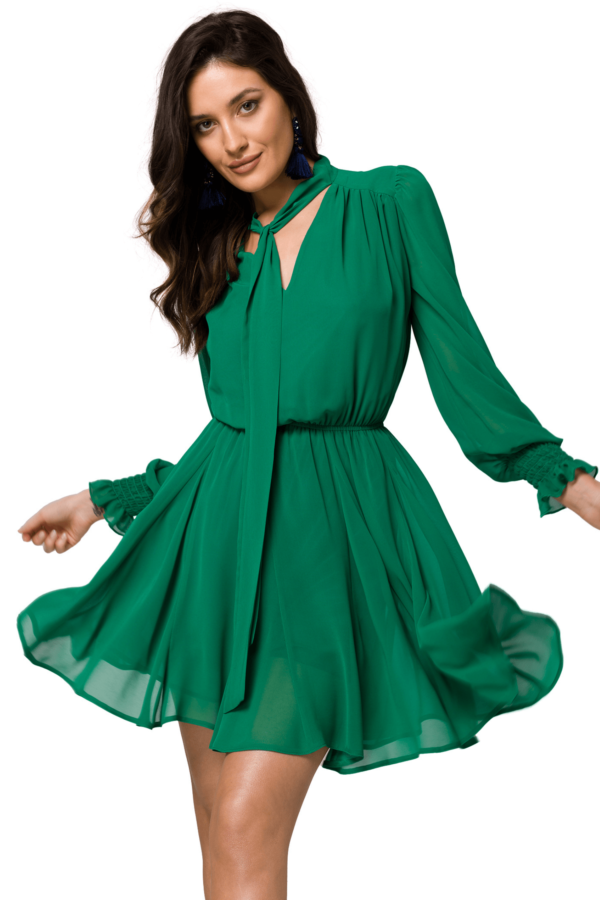 Szyfonowa sukienka koktajlowa z bufiastymi rękawami zielona L