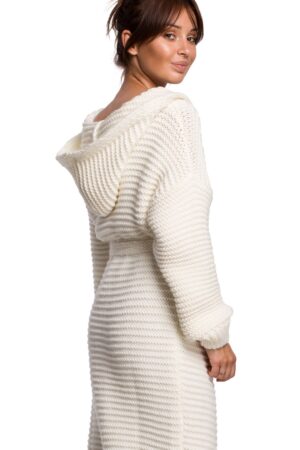 Długi sweter z kapturem i paskiem ciepła gruba przędza chunky ecru uniwersalny