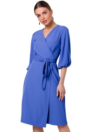 Sukienka elegancka kopertowa z bufiastymi rękawami niebieska M
