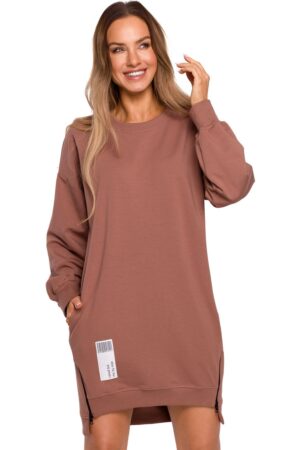 Sukienka bluza oversize asymetryczna bawełniana z zamkami brązowa XXL